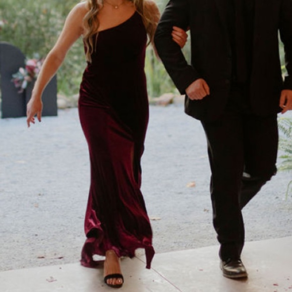 Azazie velvet Cabernet bridesmaid dress